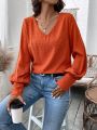 SHEIN LUNE Women's Solid Color V-neck Lantern Sleeve Fashion Shirt