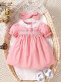 Baby Ruffle Eyelet Embroidery Puff Sleeve Dress With Headband