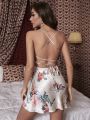 Floral Print Lace Up Backless Satin Nightdress