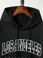 Men Plus Letter Graphic Kangaroo Pocket Drawstring Thermal Lined Hoodie