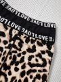 SHEIN Kids EVRYDAY Girls' Knitted Leopard Print Bottoming Shorts & Solid Color Shorts Set