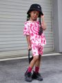 SHEIN Kids EVRYDAY Young Girl 2pcs/Set Casual Tie-Dye Heart Pattern T-Shirt And Shorts