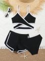 Boy'S Colorblock Swimsuit Bikini Wrap Top And Shorts Set