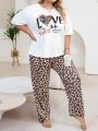 Plus Size Women'S Slogan Printed Short Sleeve And Leopard Print Pants Casual Pajama Set