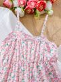SHEIN Kids EVRYDAY Tween Girls' 2pcs/Set Floral Print Spaghetti Strap Jumpsuit And Short Jacket