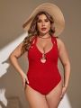 SHEIN Swim Chicsea Plus Size Solid Color One Piece Swimsuit With Circular Decoration
