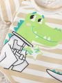 SHEIN Baby Boys' Crocodile Pattern Striped Bodysuit With Hat