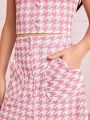 SHEIN Kids CHARMNG Tween Girls' Knitted Houndstooth Print Cami Top With Ruffles And Pocket Side Skirt Two Piece Set