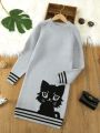 SHEIN Kids EVRYDAY Tween Girl Cat Pattern Striped Trim Raglan Sleeve Sweater Dress