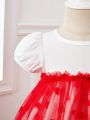 Baby Girls' Romantic Heart Mesh Tutu Dress, Suitable For Daily And Casual Wear In Spring