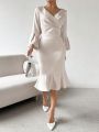 SHEIN Privé Solid Color Wrapped Trumpet Sleeves Pleated Mermaid Dress