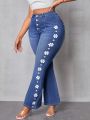 Women's Plus Size Flower Printed Bell Bottom Jeans