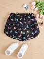 SHEIN Kids EVRYDAY Big Girls' Knitted Solid Color Butterfly Pattern Loose Fit Casual Shorts