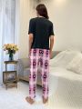 Love Heart Plaid Print Short Sleeve Long Pants Pajama Set