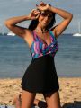 SHEIN Swim Classy Women's Printed Splicing One Piece Swimsuit