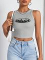 SHEIN Coolane Gray Printed Knit Cropped Tank Top