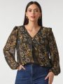 Pamile Plus Size Floral Print V-neck Long Sleeve Blouse