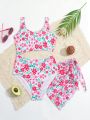 Teen Girls Floral Pattern Cutout Waist One-Piece Swimsuit