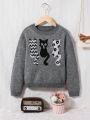 SHEIN Tween Girls Cartoon Pattern Drop Shoulder Sweater