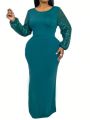 Plus Size Green Round Neck Glitter Lantern Sleeve Elegant Extra Long Mermaid Dress