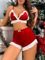 Ruffle Trim Bow Front Velvet PJ Set