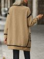 Contrast Binding Dual Pocket Drop Shoulder Open Front Cardigan