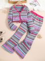 Girls' Y2k Style Rainbow Color Knitted Cardigan & Color Block Top With Bell Bottom Pants
