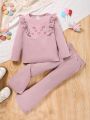 SHEIN Kids EVRYDAY 2pcs/set Toddler Girls' Embroidery  Ribbed Peplum Top And Flare Pants For Spring & Autumn