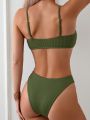 SHEIN Swim Basics Women'S Ribbed Thin Shoulder Strap Swimsuit Set