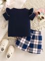 Baby Girl Cute Cartoon Girl Pattern Plaid Shorts Set, Casual, Spring/Summer