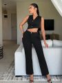 SHEIN SXY Solid Color Women'S Button Front Suit Vest And Pants Set