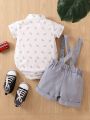 Baby Dinosaur Print Bow Front Shirt Bodysuit & Pinafore Shorts