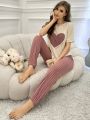 Women's Love & Letter Print Short Sleeve Top And Long Pants Pajama Set