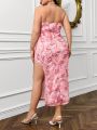 SHEIN Privé Elegant Plus Size Women'S Floral Print Strapless Dress With 3d Flowers And High Slit