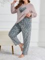 Plus Size Women'S Heart & Leopard Pattern Plush Long Sleeve Long Pants Home Suit