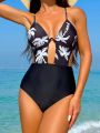 SHEIN Swim BAE Coconut Tree Print Patchwork Underwired Cutout One-Piece Swimsuit