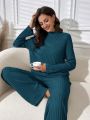 Women's Solid Color Ribbed Casual And Comfortable Homewear Set