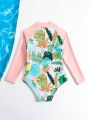 Young Girl Tropical Print Zip Front One Piece Swimsuit With Raglan Long Sleeves