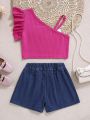 SHEIN Kids EVRYDAY Girls' Asymmetrical Neckline Ruffle Trim Ribbed Knit Top And Heart Embroidery Denim Shorts Set For Teens