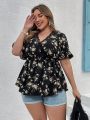 SHEIN VCAY Plus Size Ladies' Lace Patchwork Flower Pattern Ruffle Sleeve Blouse