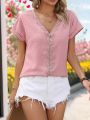 Ladies' Lace Front Ribbon Button Flap Cuff Jacquard Shirt