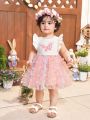 SHEIN Baby Girl's Elegant Romantic Knitted Butterfly Pattern Patchwork Dress With Butterfly Applique And Mesh Overlay