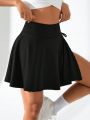 Solid Color Drawstring High Waist Athletic Skirt