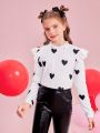 SHEIN Kids FANZEY Big Girls' Love Heart Print Short Flying Sleeve Tee With Frilled Collar