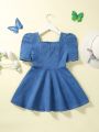 Young Girl Butterfly Embroidery Sweetheart Neck Puff Sleeve Denim Dress