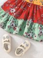 Baby Floral Print Colorblock Ruffle Trim Dress