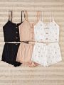 3pcs Ditsy Floral Print Lettuce Trim Cami Top & 3pcs Shorts PJ Set