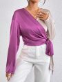 SHEIN Privé Women'S Surplice Tie Waist Color Block Satin Long Sleeve Shirt