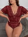 Plus Floral Lace Plunging Neck Teddy Bodysuit