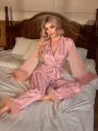 Women's Striped Long Sleeve Top And Pants Pajama Set With Lace Detailing